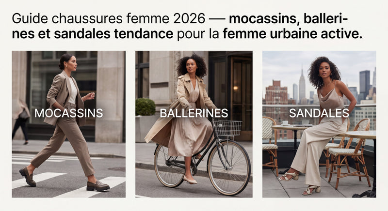 Selection of trendy summer 2026 shoes — chocolate ballerinas, minimalist sandals, suede loafers, and colorful sneakers arranged on a li...
![Mocassins, ballerines, sandales femme : le guide complet pour choisir ses chaussures en 2026