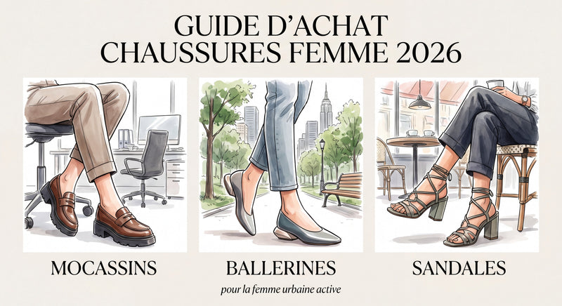 Selection of trendy summer 2026 shoes — chocolate ballerinas, minimalist sandals, and colorful loafers placed on a light background, fa...
![Quelles chaussures femme choisir en 2026 ? Le guide complet mocassins, ballerines & sandales