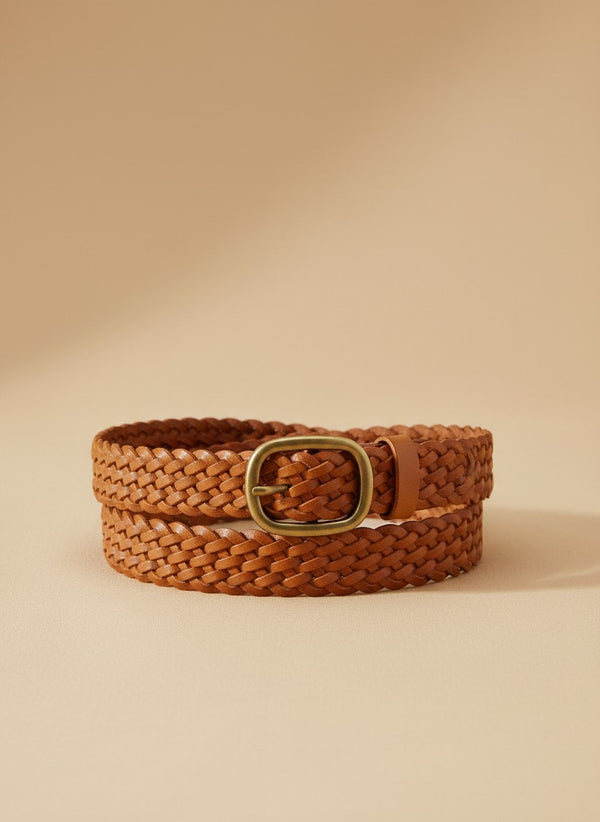 André Solea camel braided genuine leather belt with a golden buckle. Adjustable, no holes.