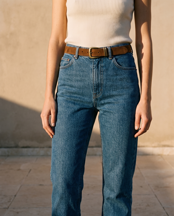Ceinture LILOU camel à boucle western portée sur un jean taille haute — A by André