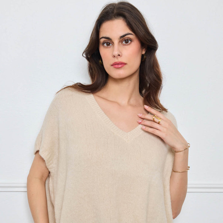 PULL COL V OVERSIZED SANS MANCHES MILIE BEIGE