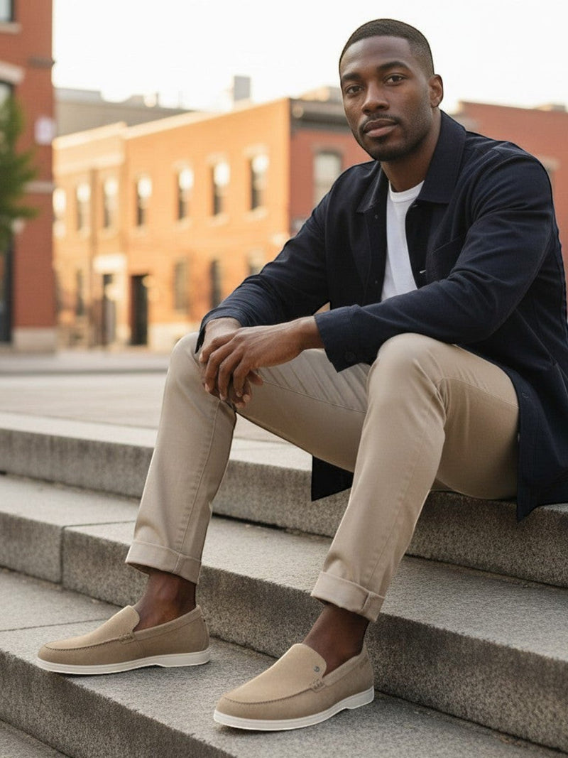 André AMIRAL SABLE tan suede loafers with contrast stitching and metal stud detail.