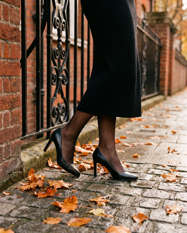 Escarpin ANASTASIA noir porté, gros plan dans une rue londonienne en automne