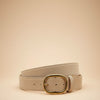 André Brisea beige suede leather belt with oval gold buckle. Made in Italy.