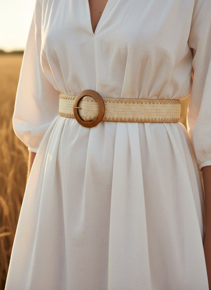 André Oasia beige woven paper belt with a round wooden buckle, perfect for summer outfits.