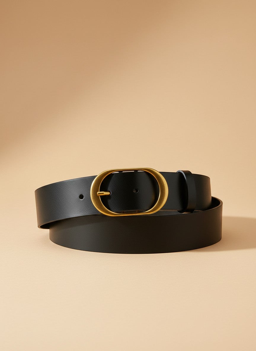 André Minerae black leather belt with gold oval buckle. Structured design, ideal for blazers and dresses.