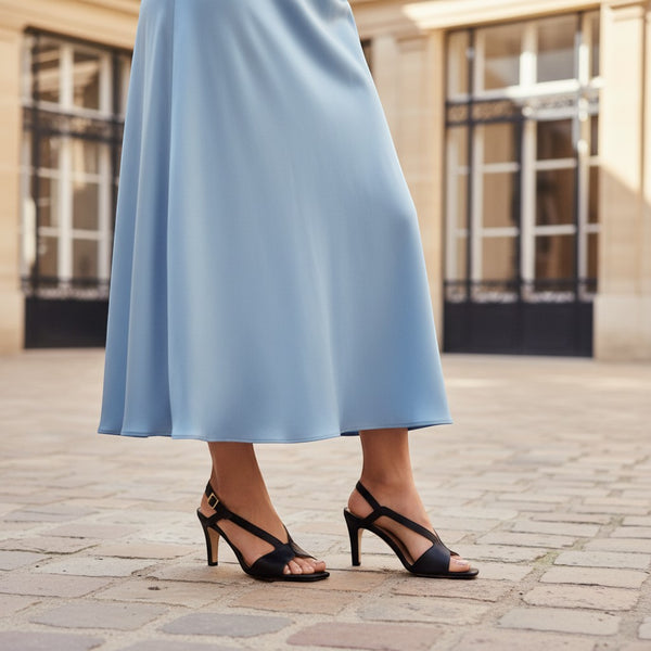 André black leather slingback sandals with a 7cm heel and adjustable ankle strap. Elegant and sophisticated design.