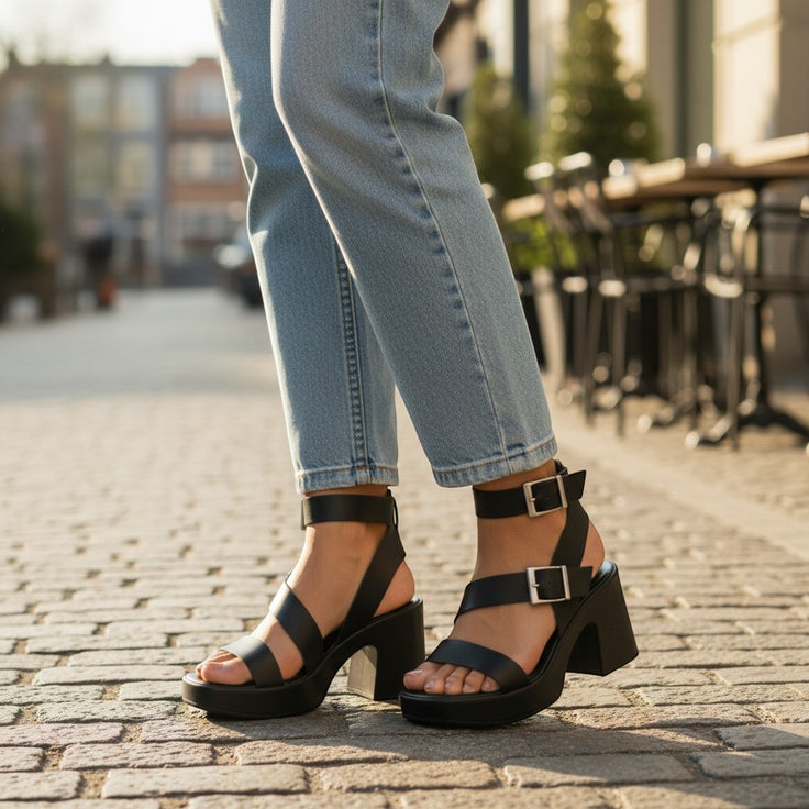 André black synthetic platform sandals with ankle strap and buckle detail. 9cm block heel.