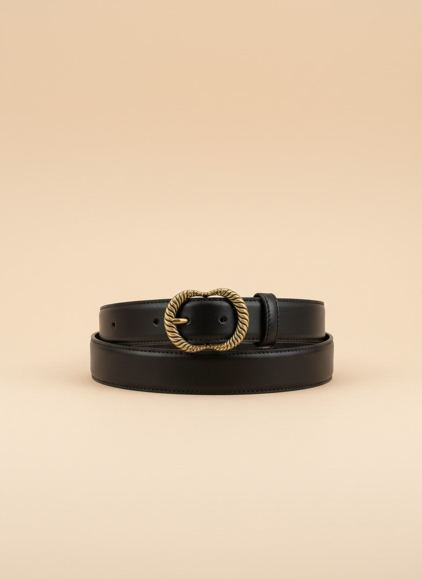 André black suede belt with ornate gold buckle. Simple, elegant, and versatile for everyday wear.