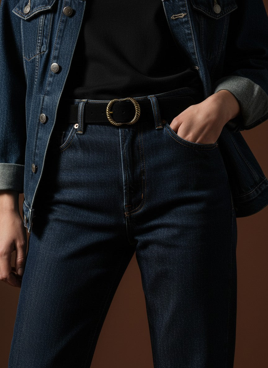 André black suede leather belt with ornate gold buckle, made in Italy.