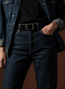 André black suede leather belt with ornate gold buckle, made in Italy.