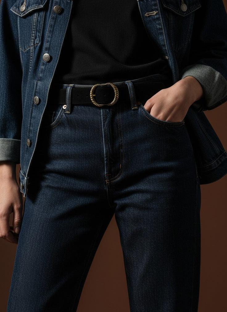 André black suede leather belt with ornate gold buckle, made in Italy.