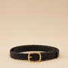 André black woven leather belt with silver buckle. Chic urban style, perfect for everyday wear.