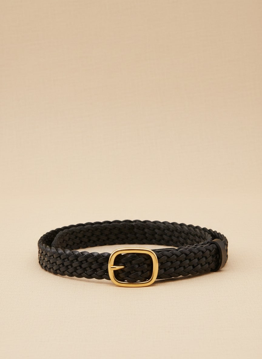 André black woven leather belt with silver buckle. Chic urban style, perfect for everyday wear.