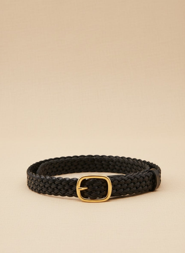 André black woven leather belt with silver buckle. Chic urban style, perfect for everyday wear.