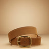 André Brisea camel suede belt with oval gold buckle, made in Italy.
