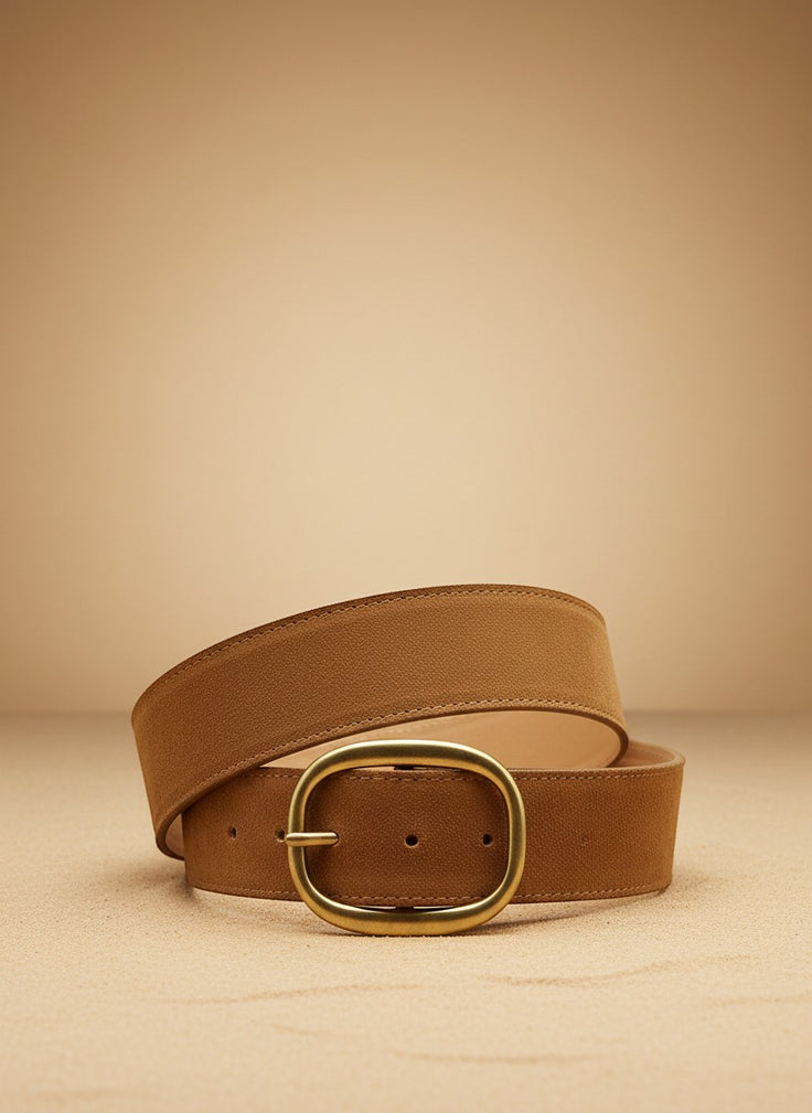 André Brisea camel suede belt with oval gold buckle, made in Italy.