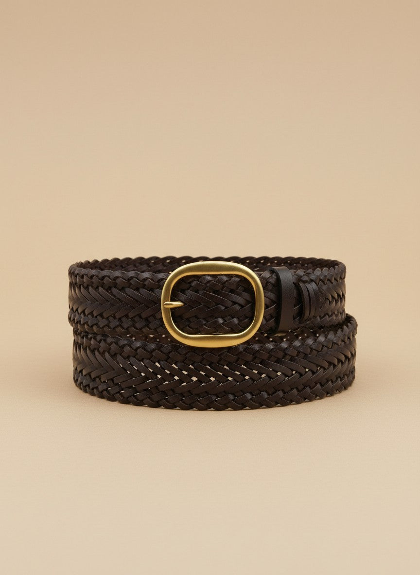 André Nerea brown genuine braided leather belt with oval gold buckle
