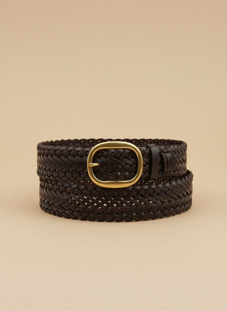 André Nerea brown genuine braided leather belt with oval gold buckle