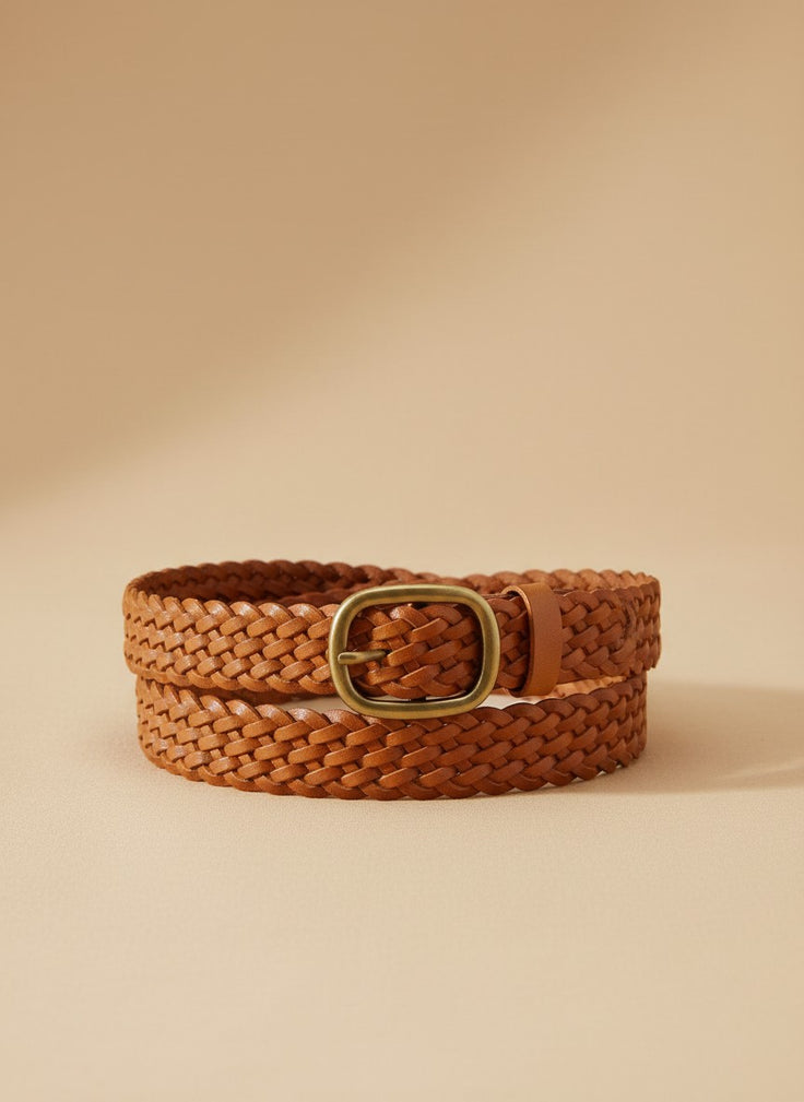 André Solea camel braided genuine leather belt with a golden buckle. Adjustable, no holes.