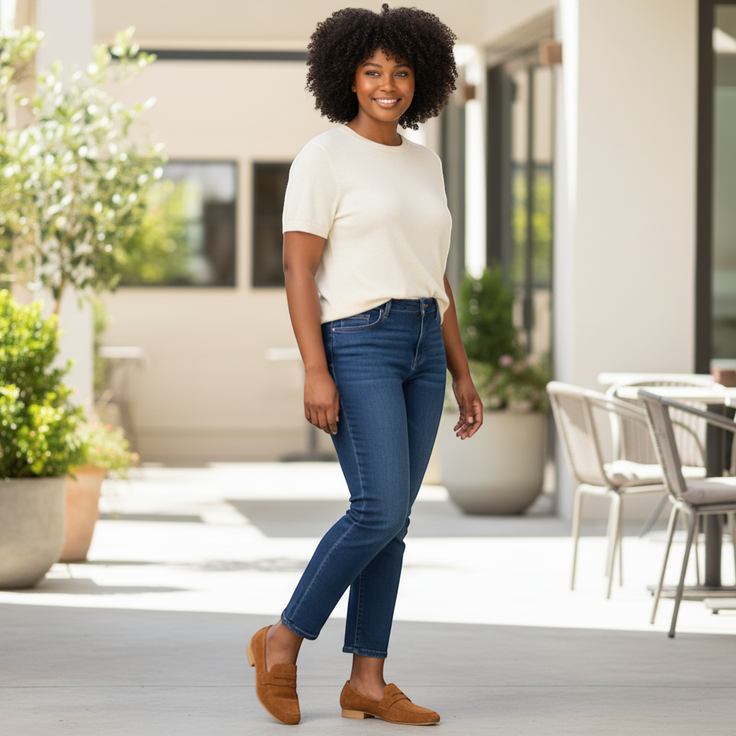 André AWA camel suede loafers with a low wooden heel. Comfortable and versatile for any season.