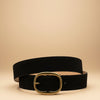 André Brisea dark brown suede leather belt with oval gold buckle, made in Italy.