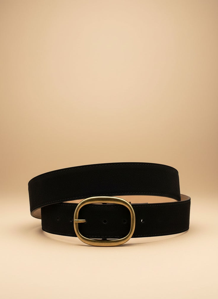 André Brisea dark brown suede leather belt with oval gold buckle, made in Italy.