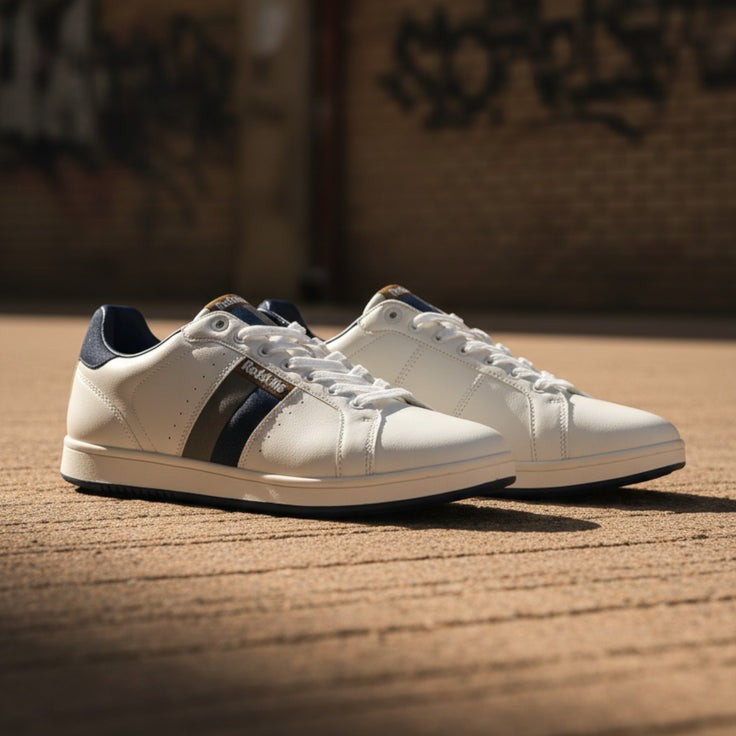 André Dayton white leather tennis-inspired sneakers with navy and camel side stripes and heel detail.