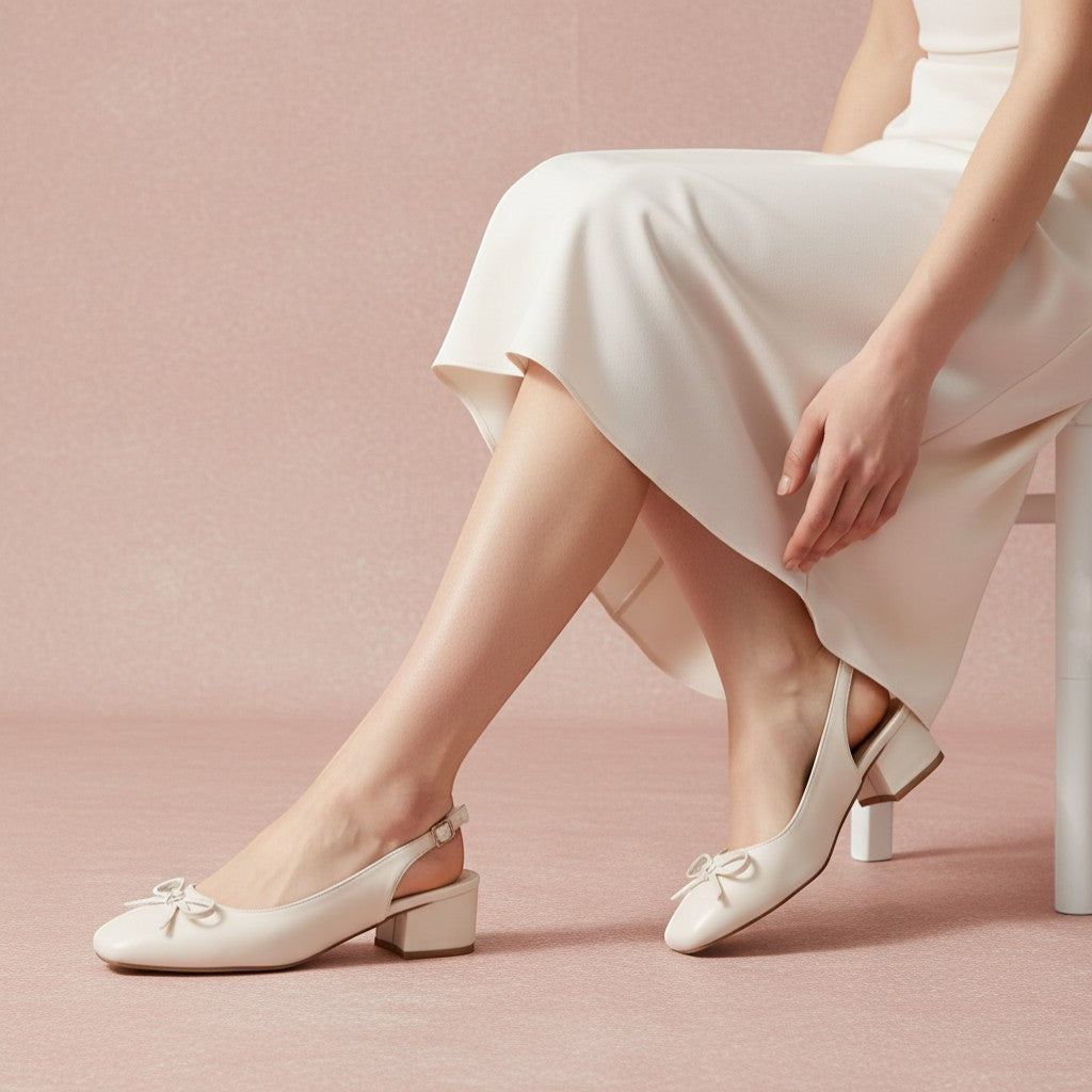 André ecru slingback ballet flats with a square toe and a decorative bow detail on a low block heel.