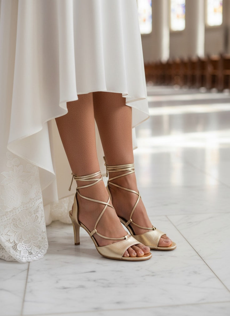 André KARMINA gold leather heeled sandals with ankle ties and delicate straps, 8cm heel.