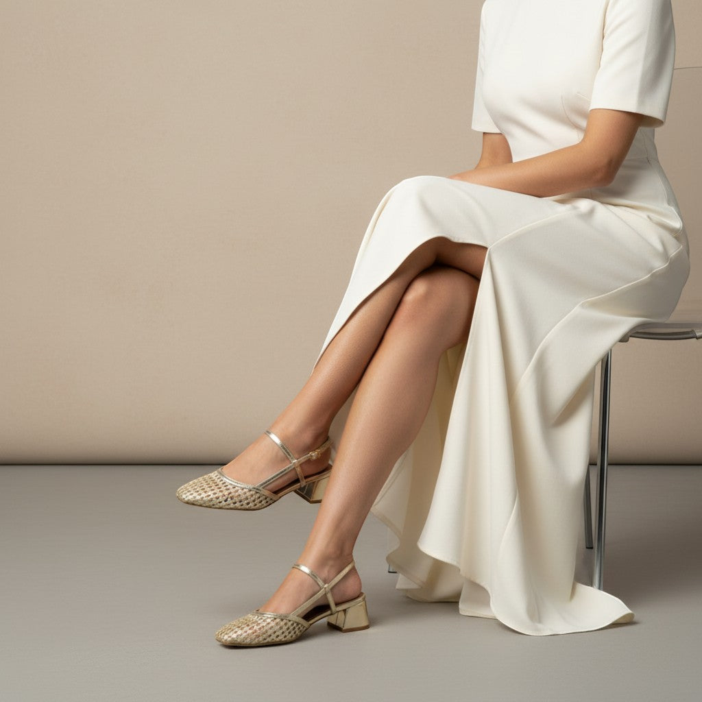 André OTILIA OR gold woven slingback sandals with a block heel and adjustable ankle strap.