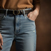 André Luma cafe brown genuine leather belt with ornate gold buckle. A stylish, thin belt for accentuating your waist.