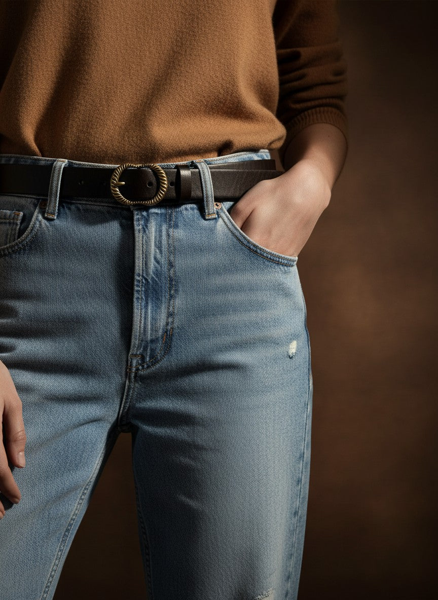 André Luma cafe brown genuine leather belt with ornate gold buckle. A stylish, thin belt for accentuating your waist.