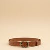 André Luma camel genuine leather belt with ornate antique gold buckle. Perfect for jeans or dresses.