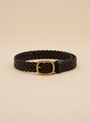 André Solea marron braided leather belt with gold buckle. Elegant and discreet, perfect for cinching dresses or trousers.