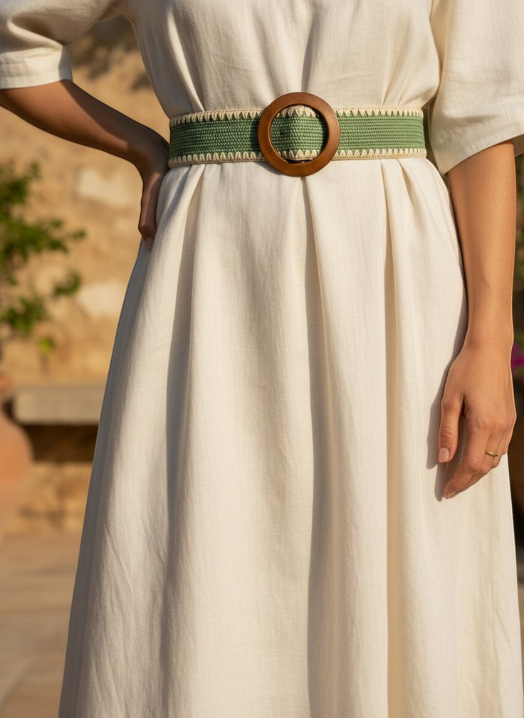 André Oasia kaki woven paper belt with wooden buckle and cream trim. Perfect for dresses and linen trousers.