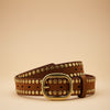 André Ocea brown leather belt with gold studs and oval buckle. Perfect for a boho-chic or vintage look.