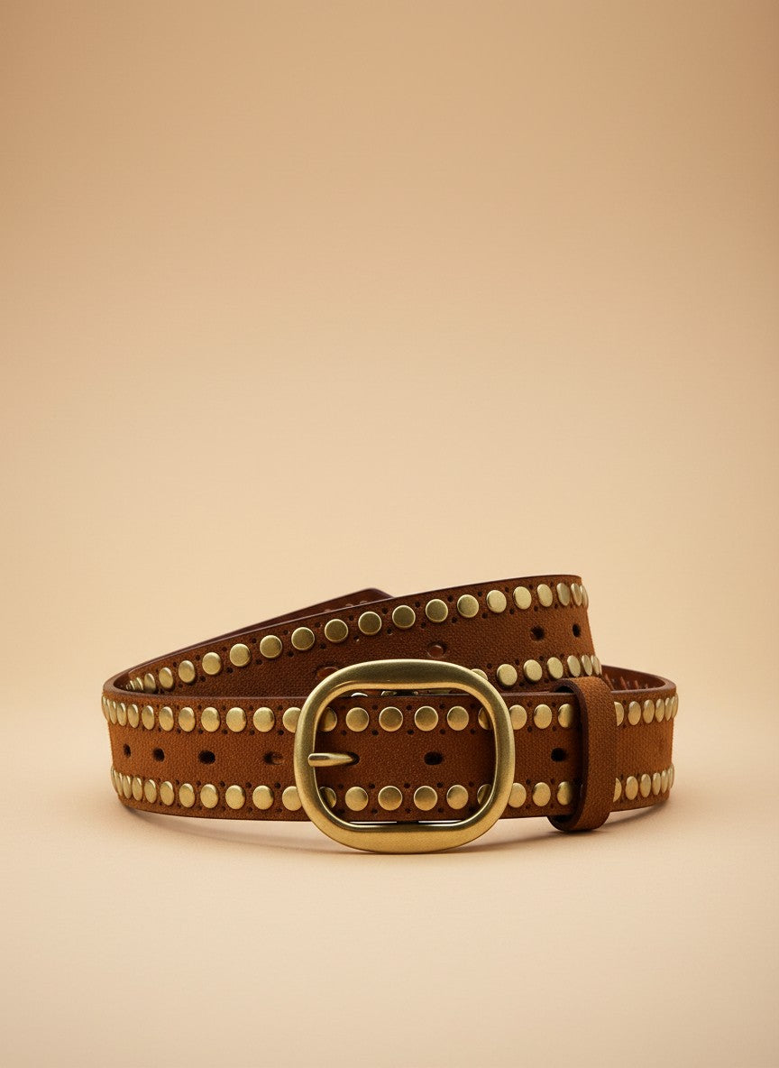 André Ocea brown leather belt with gold studs and oval buckle. Perfect for a boho-chic or vintage look.