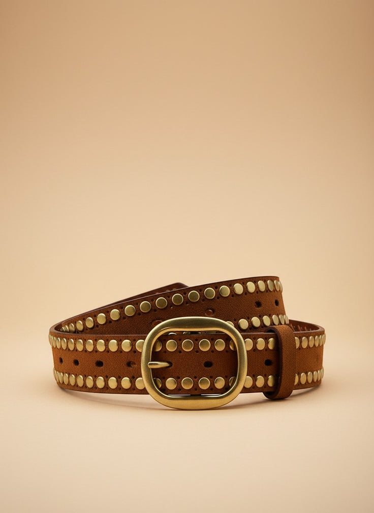 André Ocea brown leather belt with gold studs and oval buckle. Perfect for a boho-chic or vintage look.