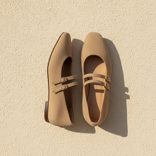 André sable suede ballet flats with double buckle straps. Soft leather, comfortable for daily wear.