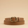 André Zestia taupe suede belt with ornate gold buckle. 100% genuine leather.