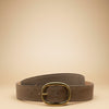 André Brisea taupe suede leather belt with oval brass buckle, made in Italy.