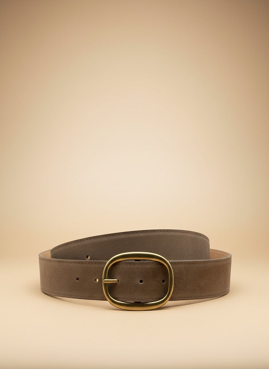 André Brisea taupe suede leather belt with oval brass buckle, made in Italy.