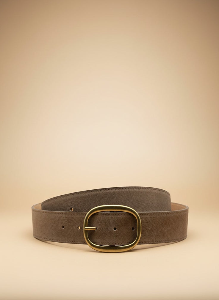 André Brisea taupe suede leather belt with oval brass buckle, made in Italy.