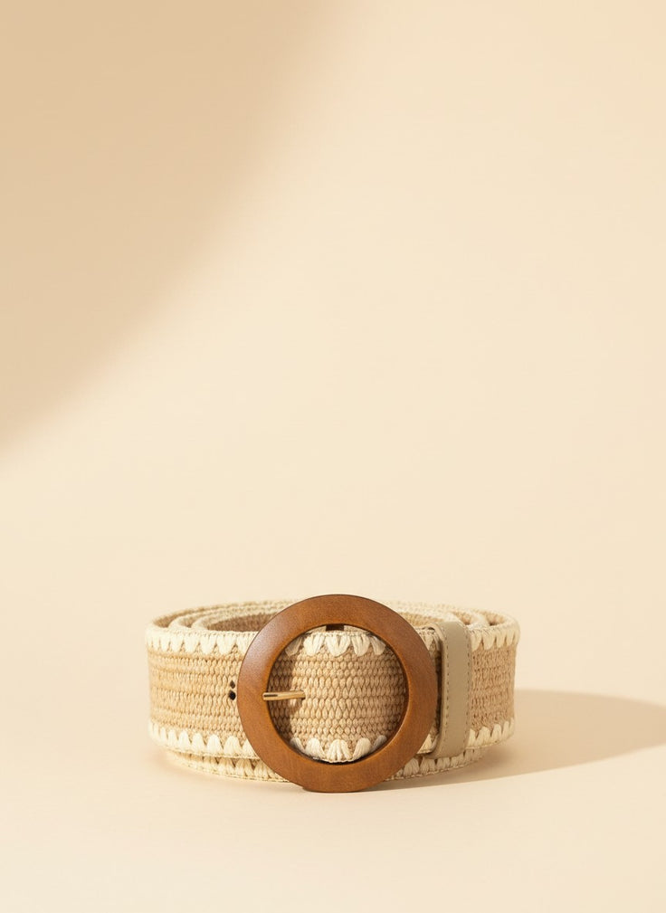 André Oasia taupe woven paper belt with a large wooden circle buckle and decorative stitching.