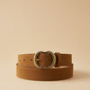 André Virina camel suede leather belt with ornate gold buckle, made in Italy.