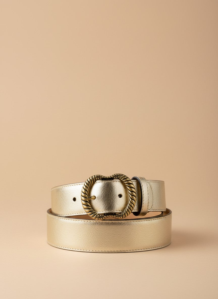 André Virina gold metallic leather belt with ornate gold buckle, made in Italy.