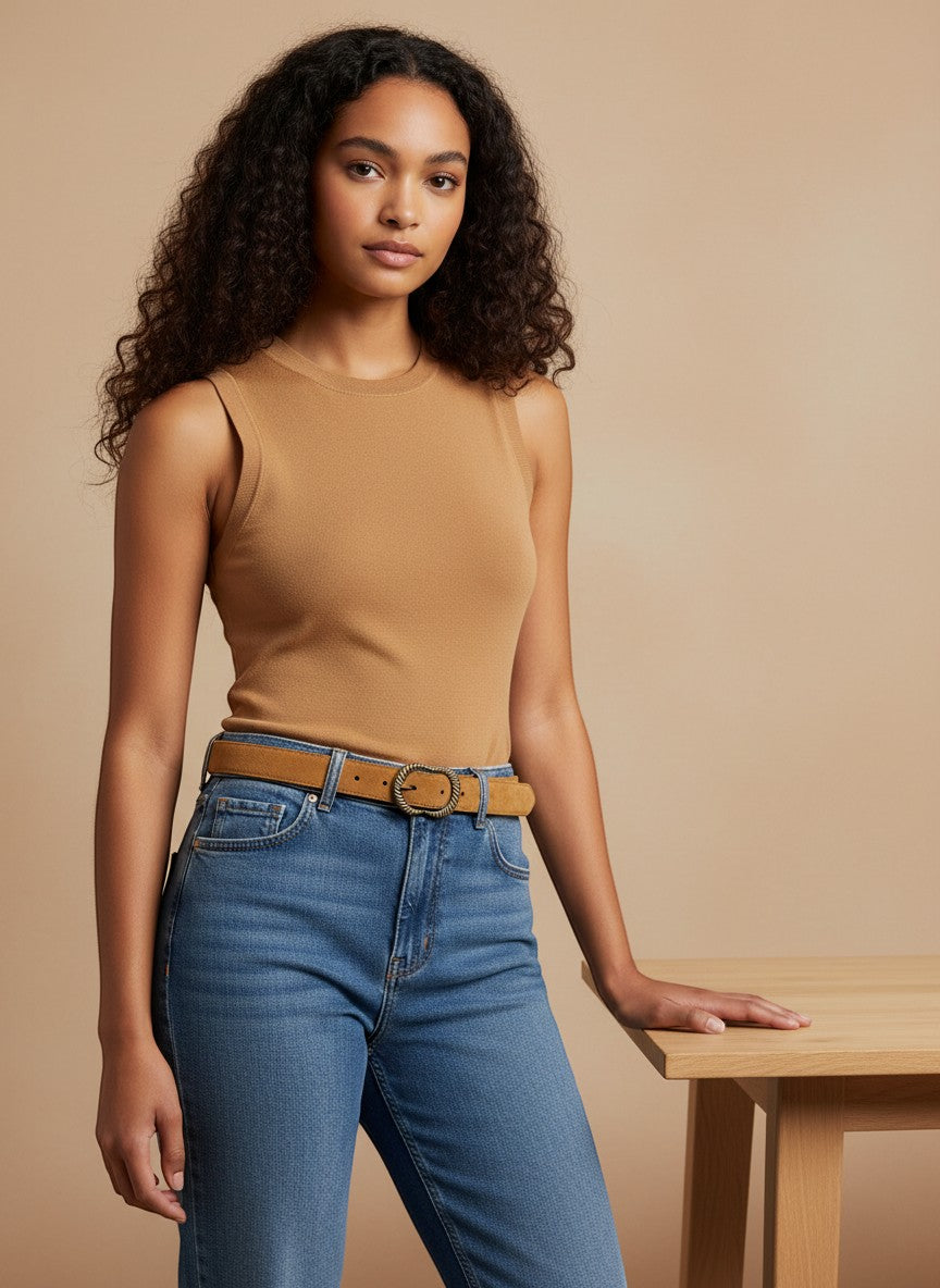 André Zestia camel suede belt with ornate antique brass buckle. Genuine leather, perfect for jeans or dresses.