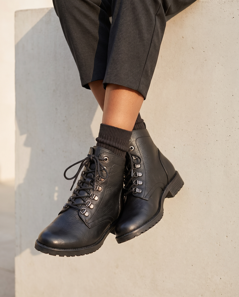Boots AVI noir portées, cadrage jambes