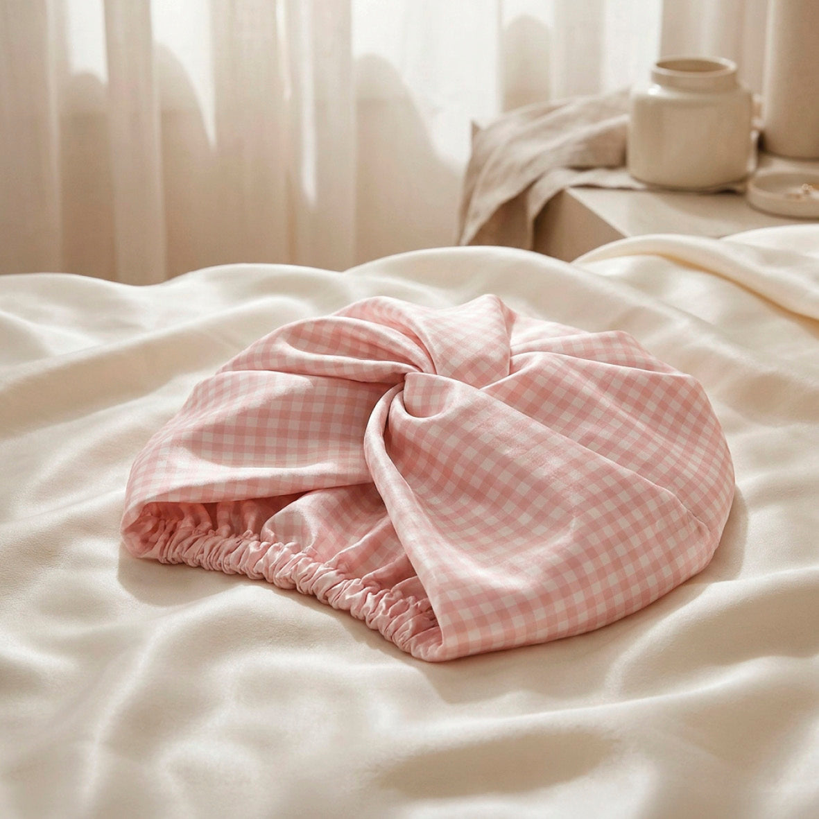 Bonnet de nuit en soie - Soléa Rose vichy - 20 x 30 cm - BONNET DE NUIT